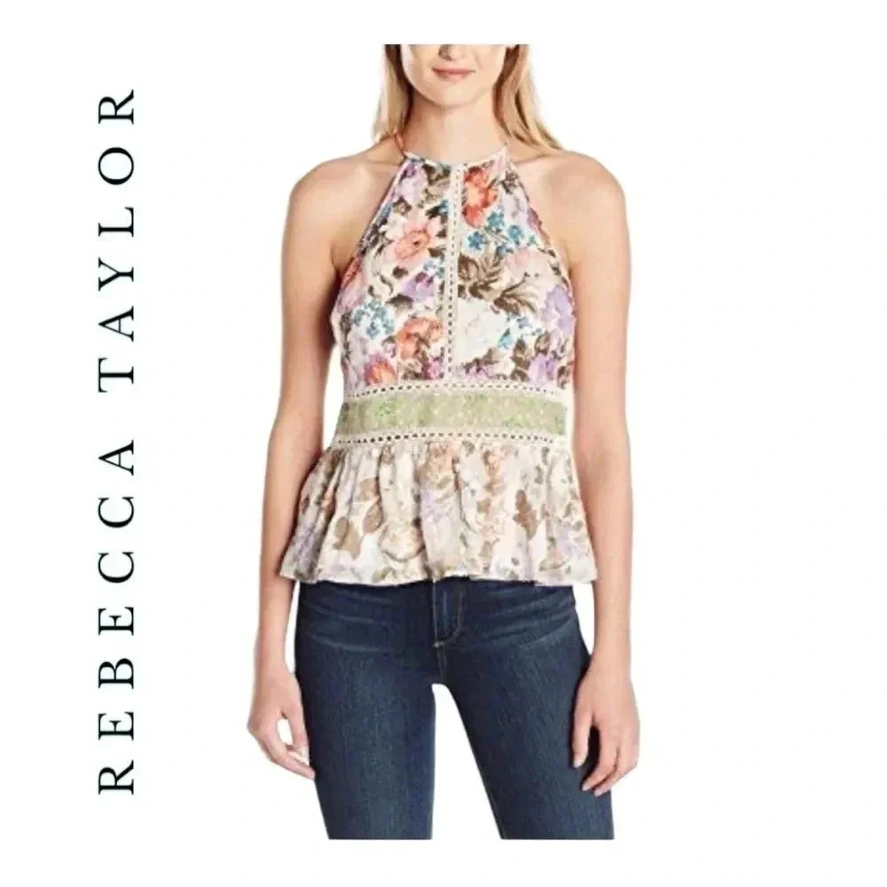 1531. REBECCA TAYLOR PRINT MIX BLOUSE SIZE 0 FLORAL PATTERNS RUFFLES EYELET LACE